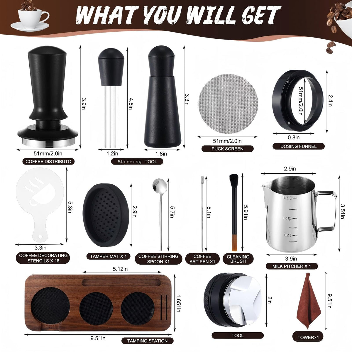 13 Pcs Espresso Accessories Set 51mm Tamper WDT Espresso Distribution TOOL Kit Frothing Pitcher (13 Count)