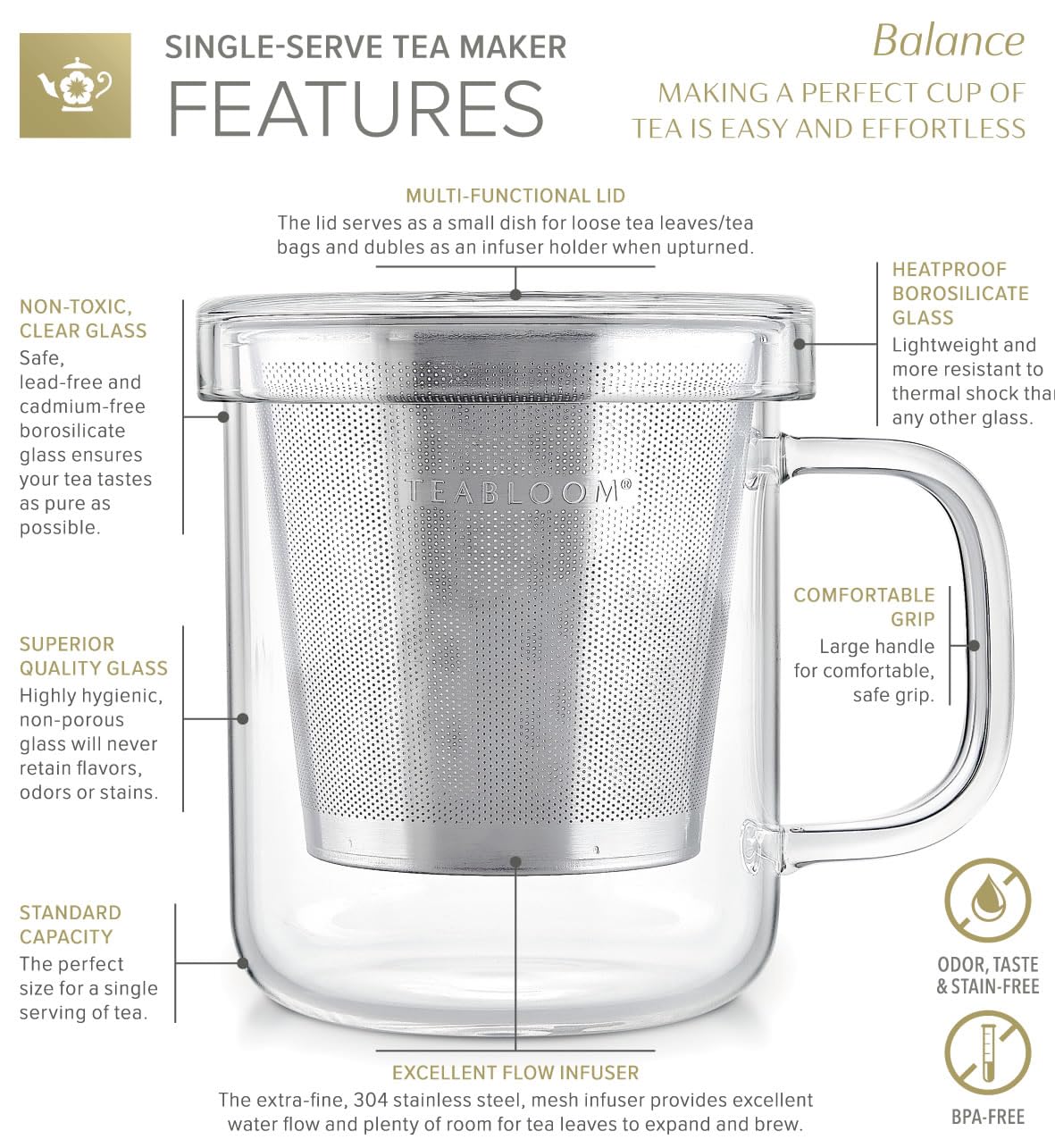 Premium Borosilicate Glass Mug with Stainless Steel Loose Leaf Tea Infuser and Lid