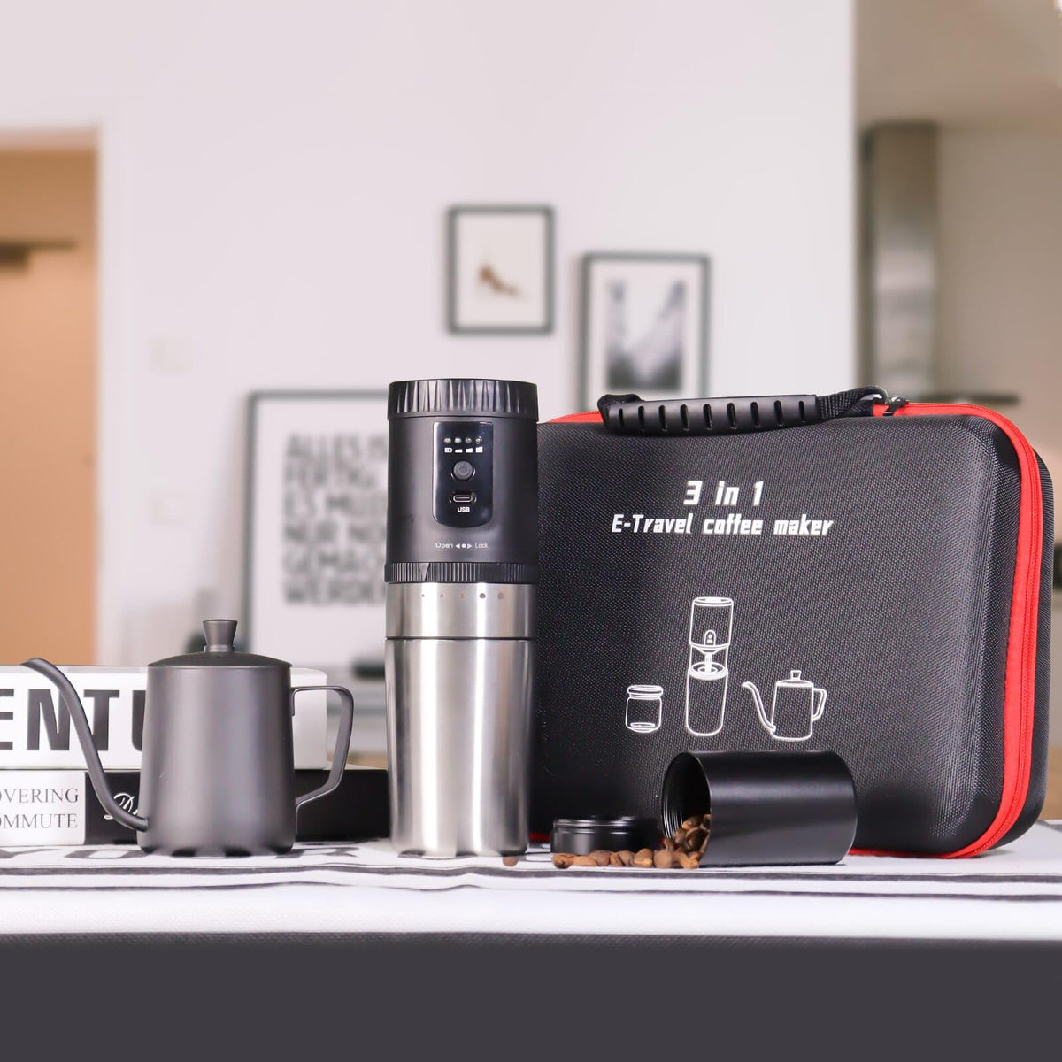 3 in 1 Portable Coffee Maker Set with Electric Burr Coffee Grinder Black Pour Over Kettle Coffee Bean Storage For Travel Hiking Picnic Camping