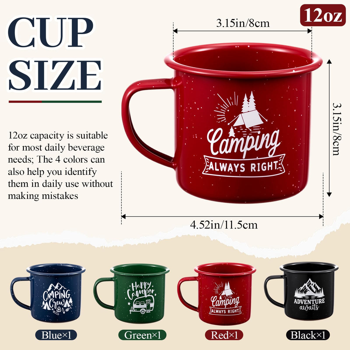 4 Pcs Enamel Camping Mugs 12 oz Outdoor Coffee Cups Nostalgic Speckled Enamelware Mug with Printed Design for Hot Cold Beverages Durable Cup for Happy Camper Adventure Home Travel Beach (4 Count)