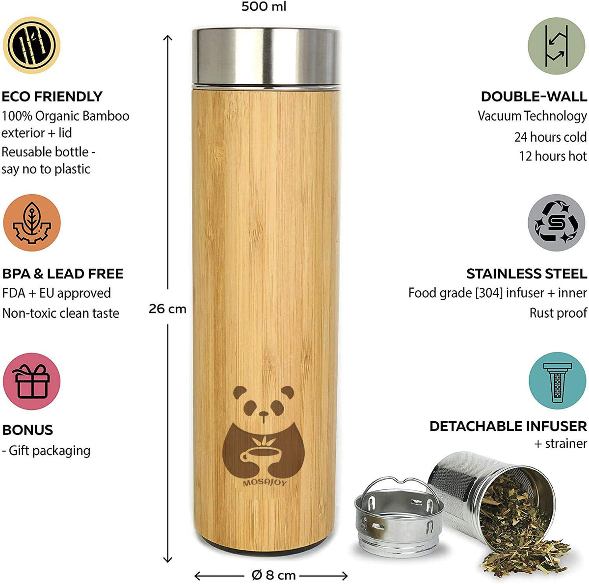 Tea Bottle Bamboo Tumbler with Infuser BPA Free Double Wall Glass Travel Tea Mug with Stainless Steel Filter
