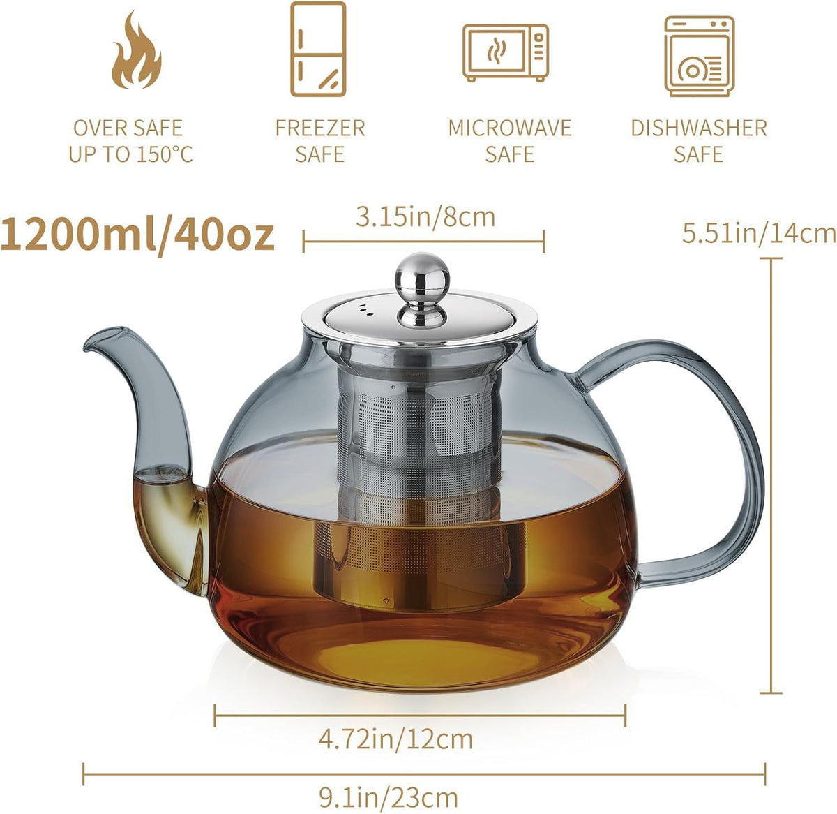 40OZ (1200ML) Glass Teapot with Infuser Stovetop Safe, Clear Glass Tea Pot Kettle, Borosilicate Tea Pot with Infusers Filter for Loose Tea, Tea Kettle Dishwasher Safe (Black)