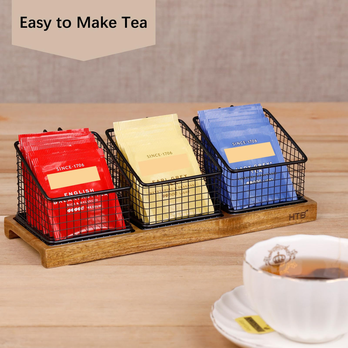 Acacia Wood Tea Bag Organizer with 3 Removable Metal Baskets