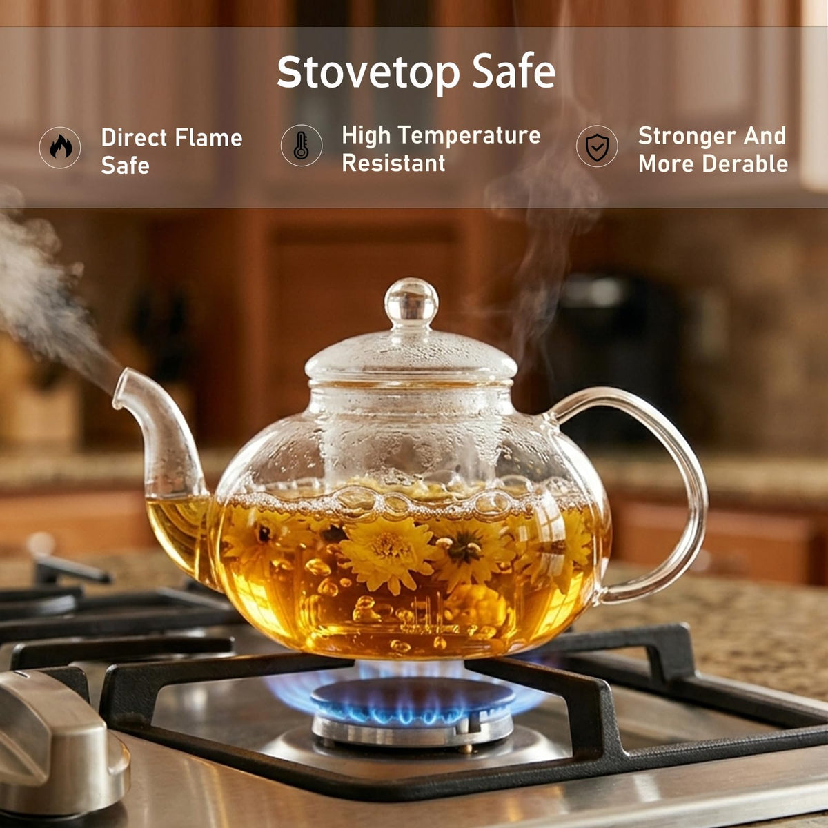 600ml (20.3oz) Borosilicate Glass Teapot with Removable Glass Infuser, Stovetop Safe Clear Tea Kettle for Blooming Tea & Loose Leaf Tea