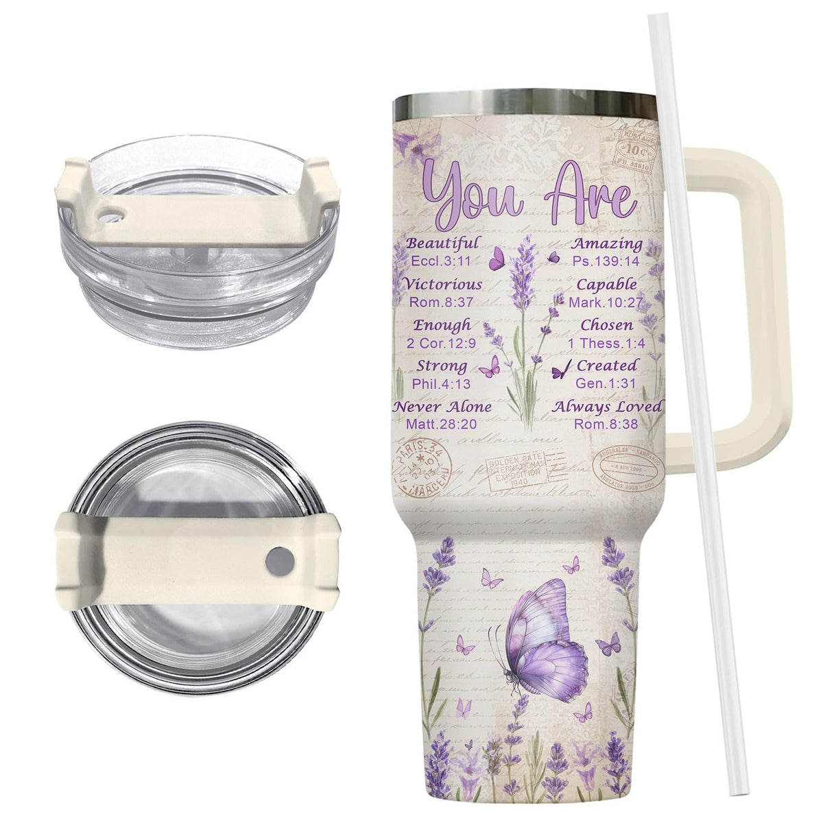 Purple Butterfly Chritian Bible 40 oz Tumbler with Handle
