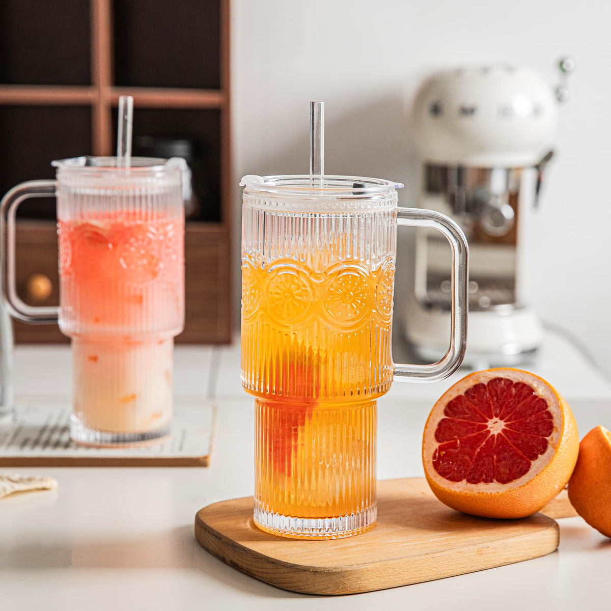 24 oz Ribbed & Floral Glass Tumblers with Handle and Lid