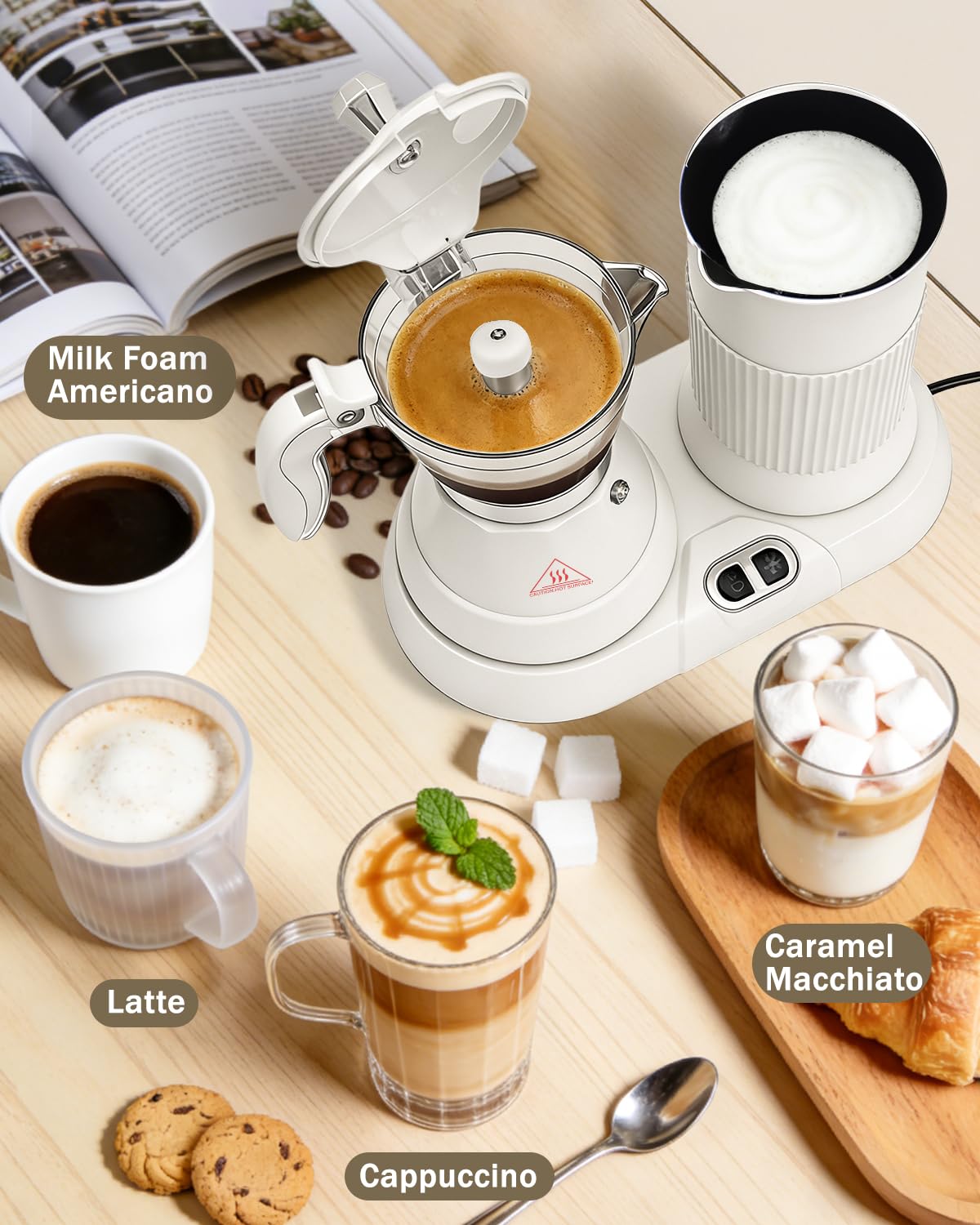 2-in-1 Milk Frother Electric Foam Maker and Moka Coffee Maker Espresso Maker 110V Electric Base Aluminum Frother Moka Pot 5oz 150ml Frothing Easy Brewing Latte Cappuccino Home Gift White