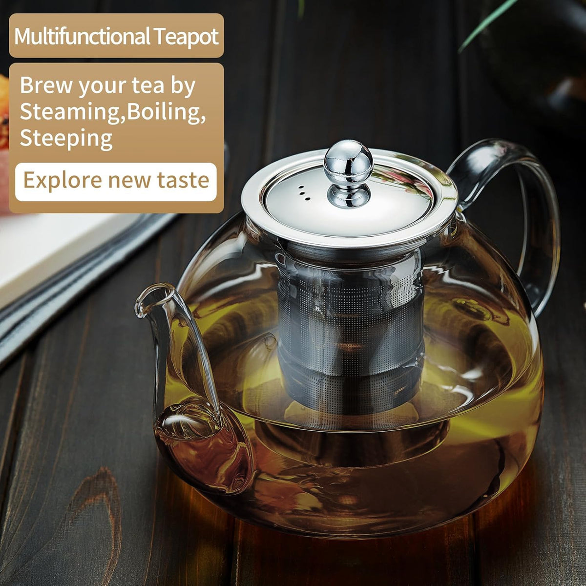 40OZ (1200ML) Glass Teapot with Infuser Stovetop Safe, Clear Glass Tea Pot Kettle, Borosilicate Tea Pot with Infusers Filter for Loose Tea, Tea Kettle Dishwasher Safe (Black)