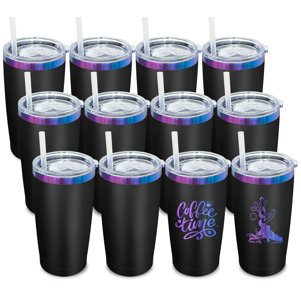 20 oz Tumbler Bulk Stainless Steel Tumblers with Lids and Straws Black (12 Count)