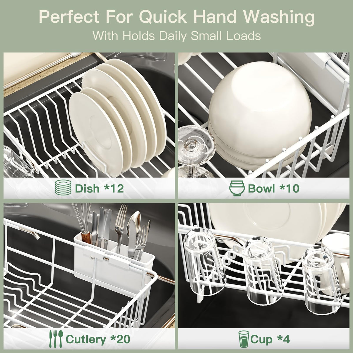 White Dish Drying Rack Over Sink with Utensil Holder