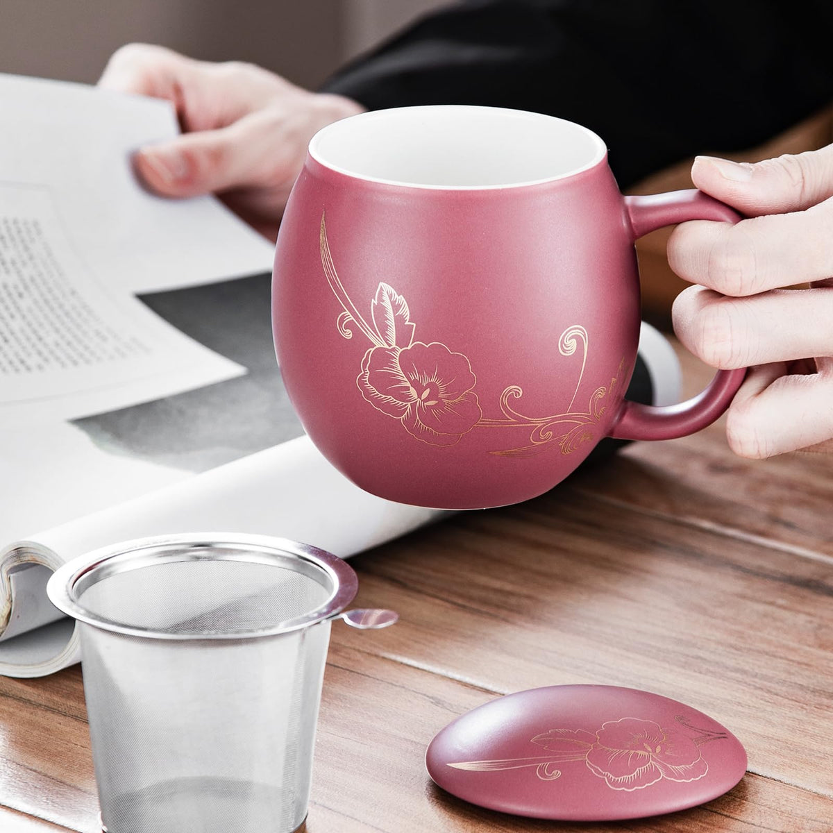 12 OZ Ceramic Mug with Lid & Tea Strainer