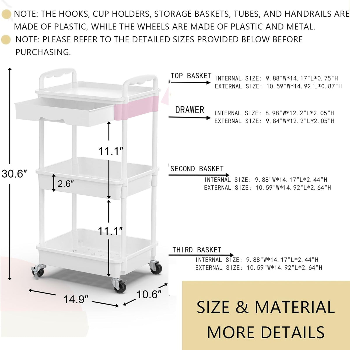 3 Tier Rolling Utility Cart Organizer with Removable Drawer