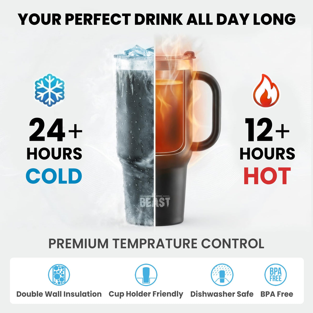 Beast 42 oz Tumbler with Handle Stainless Steel Vacuum Insulated Coffee Ice Cup Double Wall Travel Flask