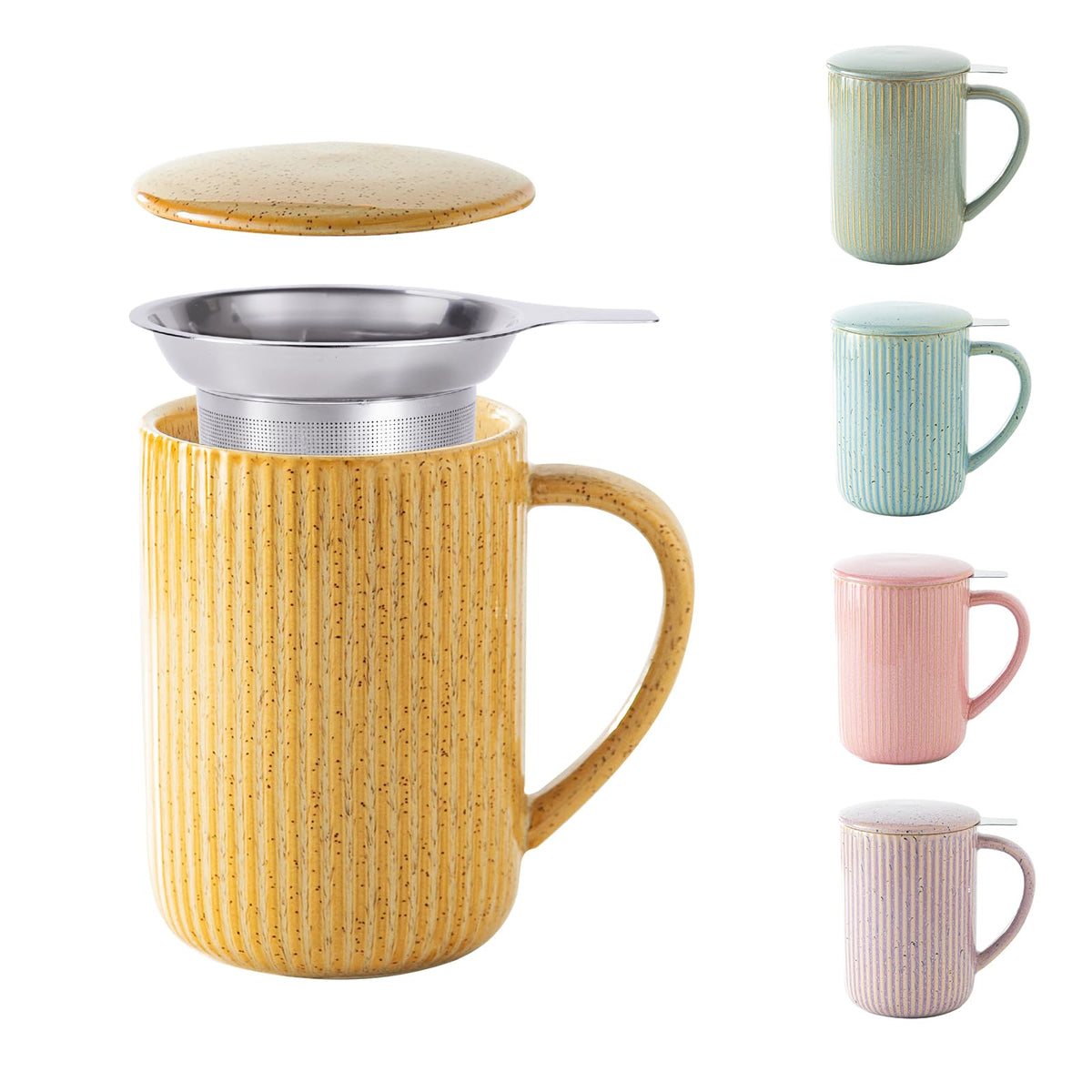 15.5oz 470ml Flambe Cream Ceramics Teacups with Infuser and Lid