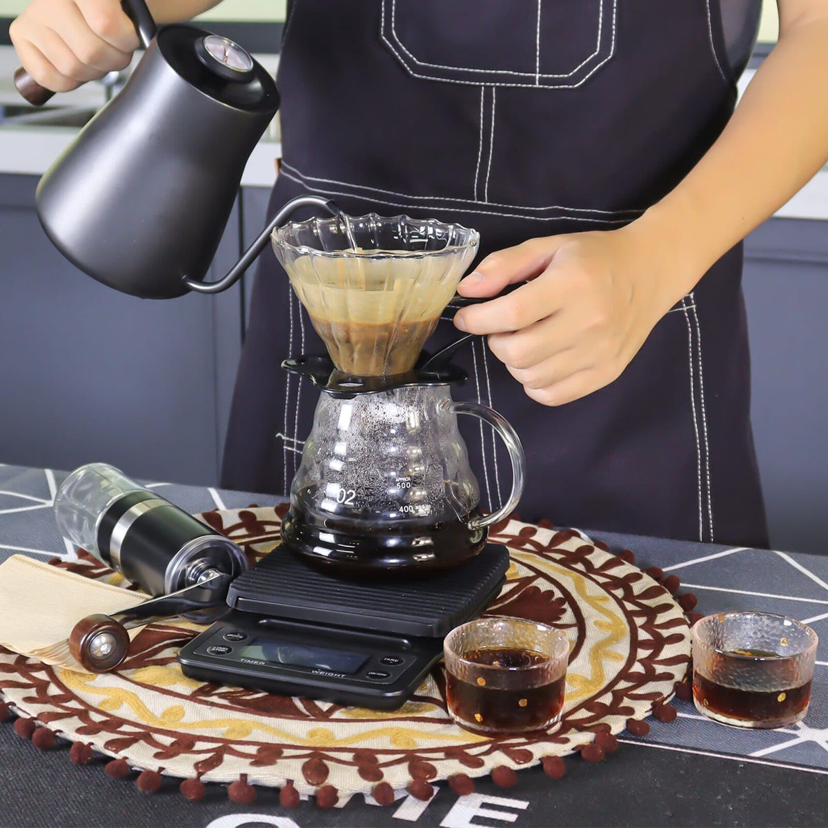 Pour Over Manual Coffee Maker Set 2 Cup Coffee Dripper with Wooden Suitcase Coffee Kettle Scale Bean Grinder All In 1 Traveling Camping Hiking