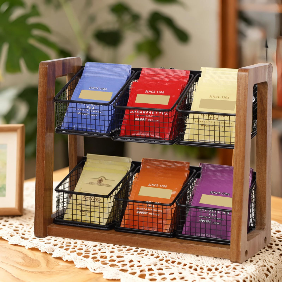2 Tier Tea Organizer for Tea Bags with 6 Removable Metal Baskets
