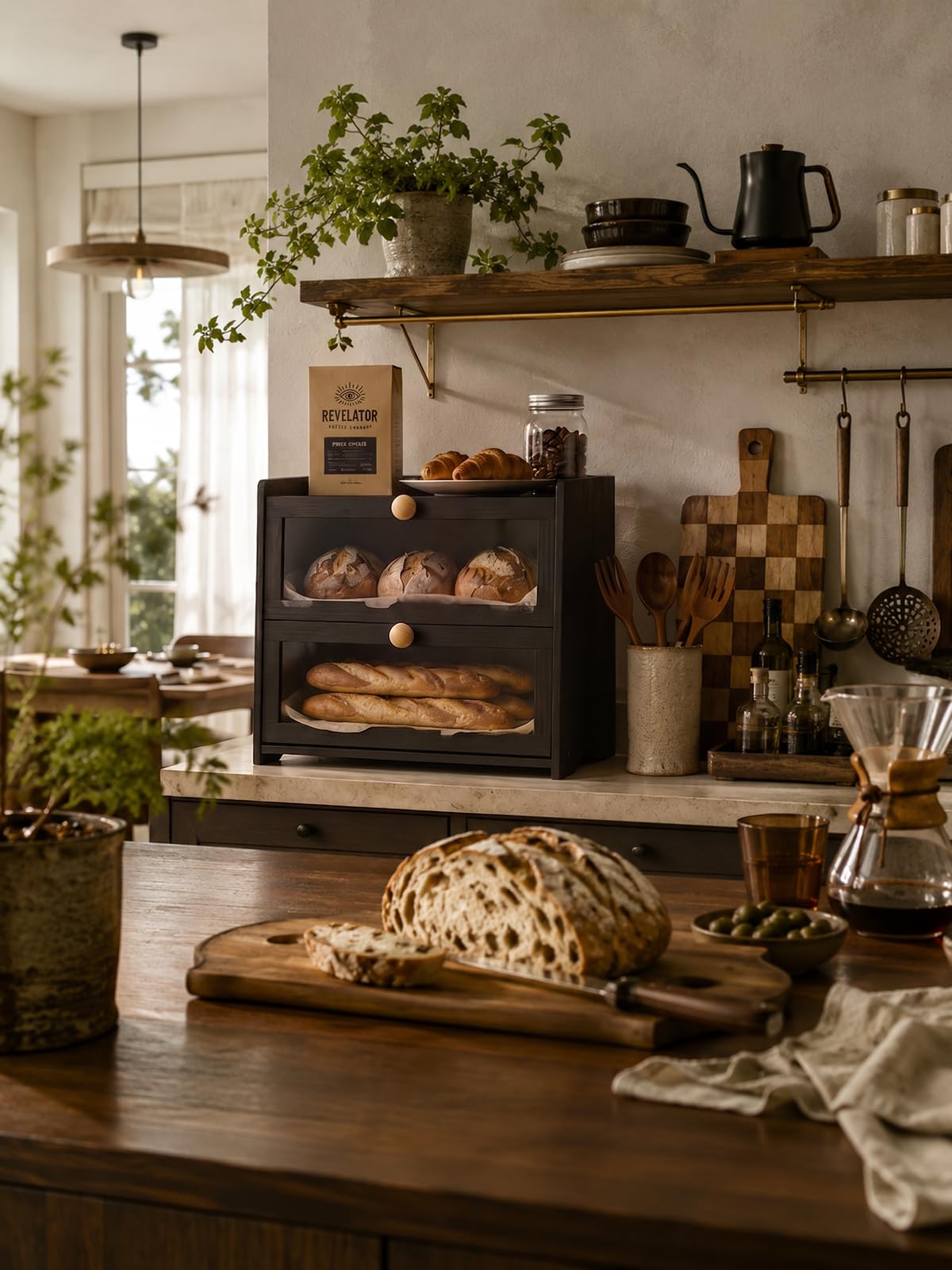 Black Bread Box for Kitchen Countertop