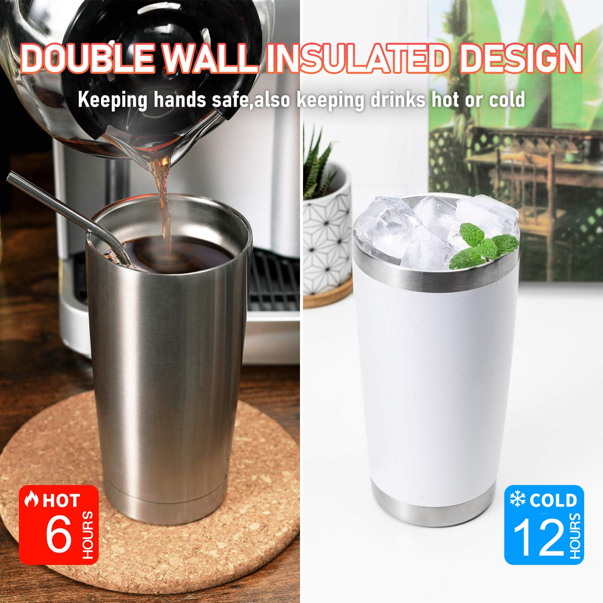 20oz Stainless Steel Tumbler Double Wall Vacuum Coffee Cup Insulated Travel Mug with Lid and Straw Durable Powder Coated Insulated Coffee Cup for Cold & Hot Drinks (12 Count)
