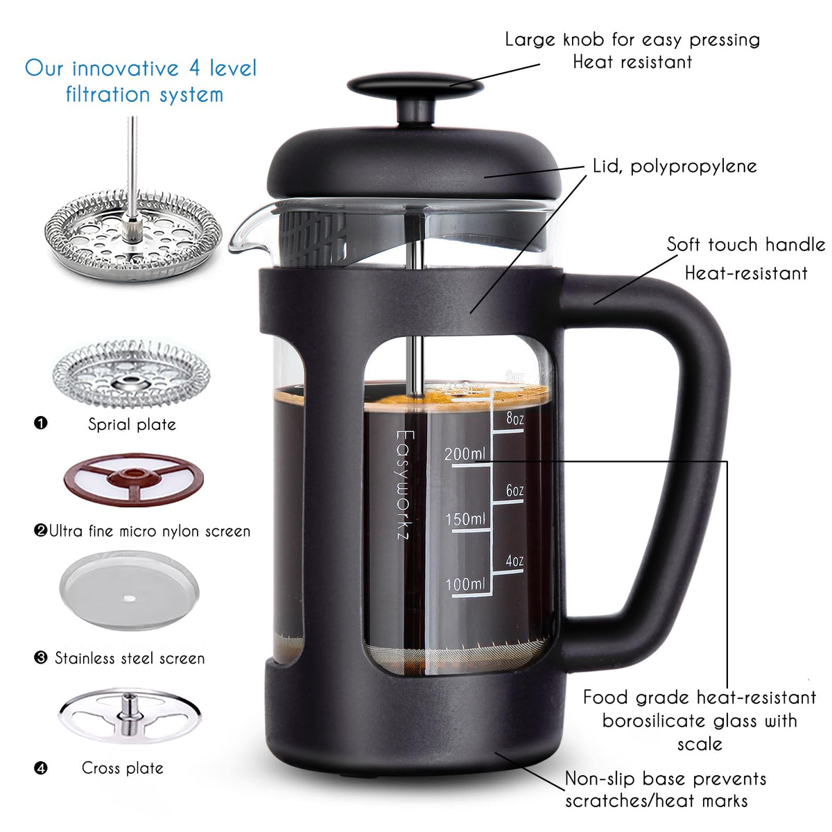 French Press 12 oz Coffee Tea Maker with Borosilicate Glass