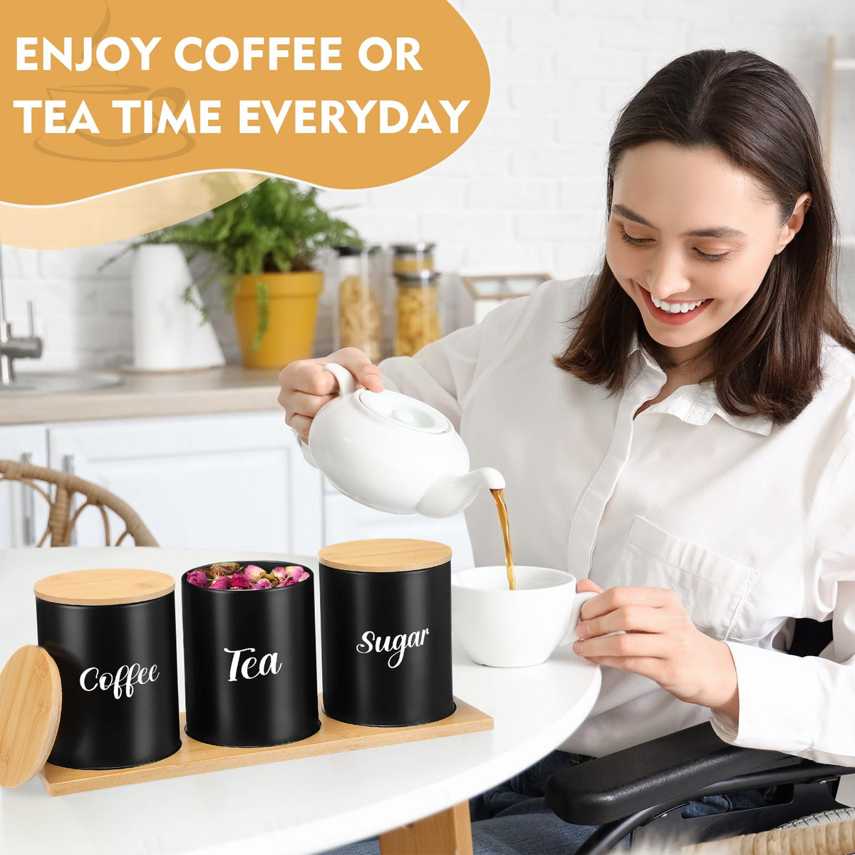 Coffee Tea Sugar Container Set with Tray