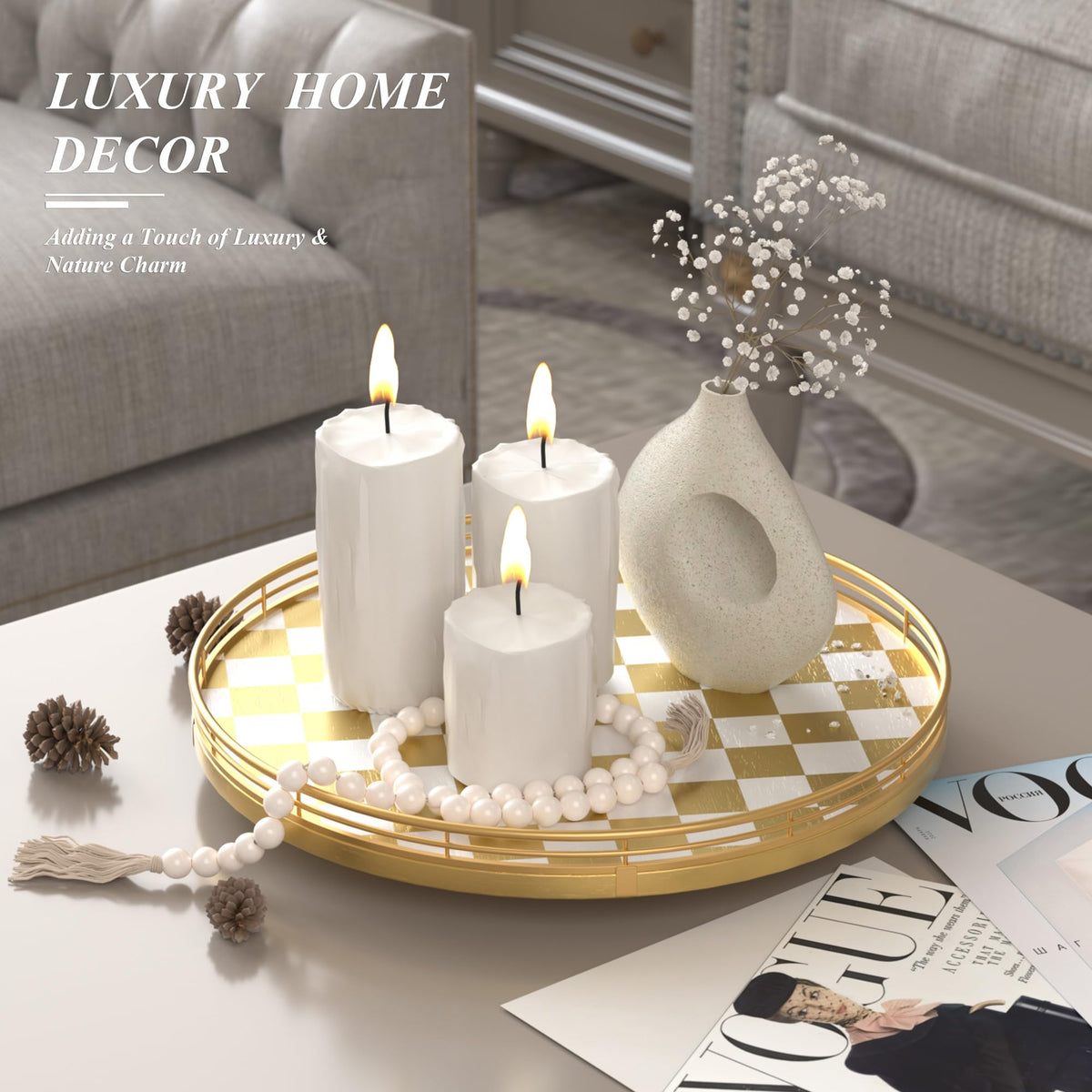 13 Inch Gold and White Checkerboard Lazy Susan with Rubberwood Base