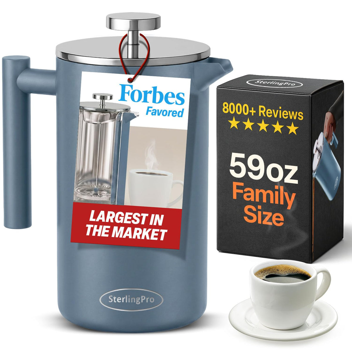 Non Toxic Extra Large Insulated Stainless Steel French Press Coffee Maker 59oz