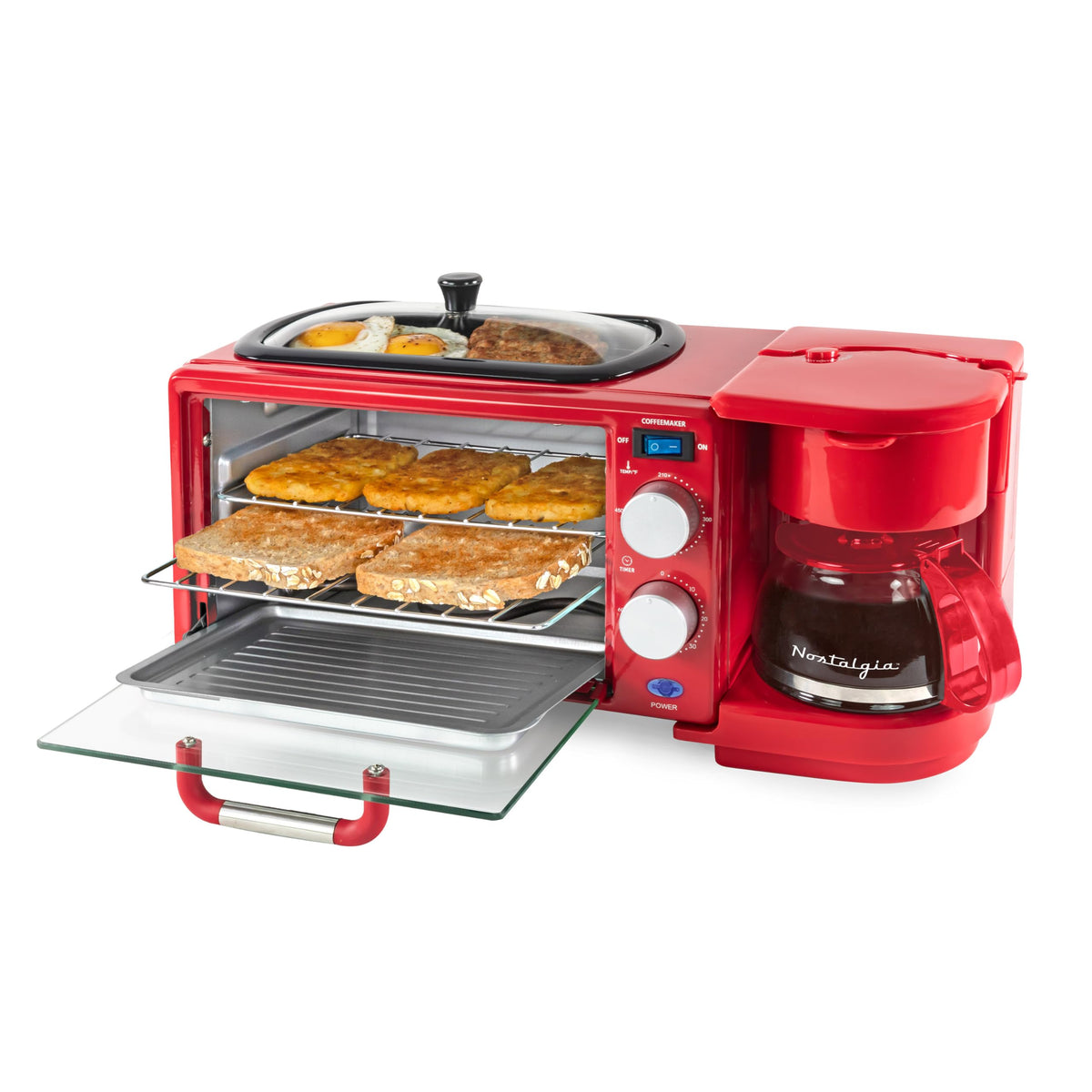 3-in-1 Retro Breakfast Station - Includes 5 (4 Oz) Cup Coffee Maker, Non-Stick Ceramic Griddle, and 4-Slice Toaster Oven - Built-In Timer, Reusable Coffee Filter, Space-Saving Design - Red