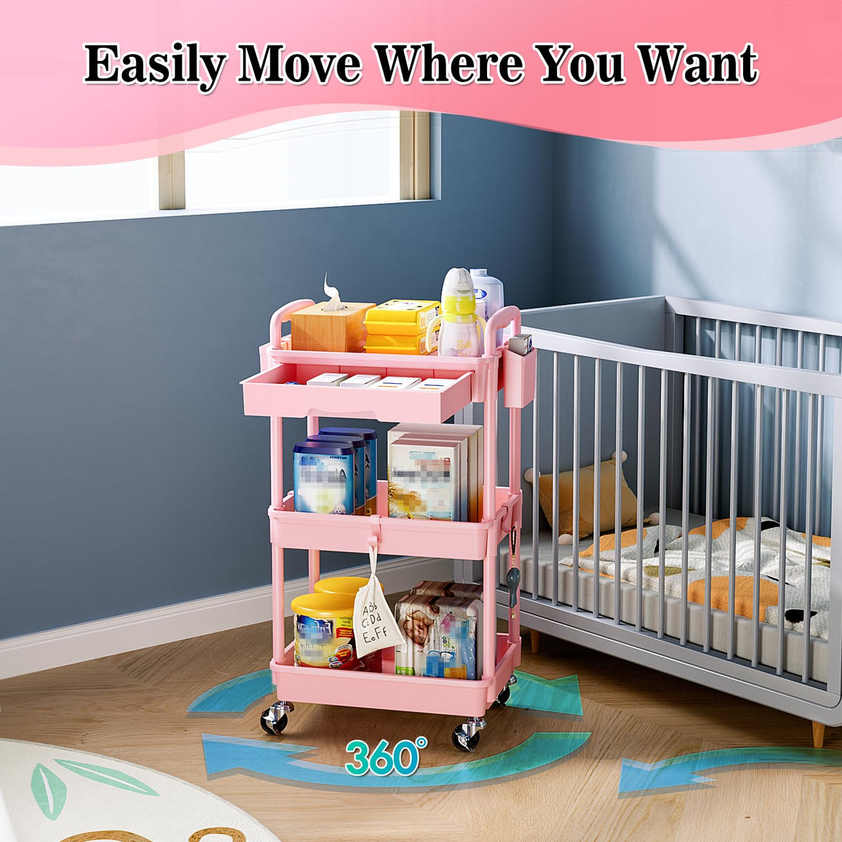 3 Tier Rolling Cart with Drawer