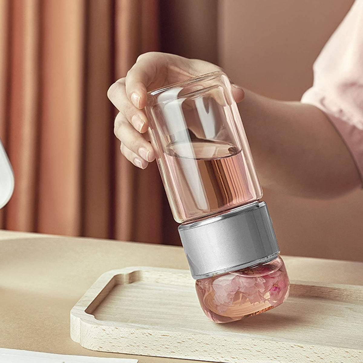 Tea Infuser Bottle Glass Tea Tumbler with Infuser 420ml Double Layer Stainless Steel Leakage Proof Water Bottle for Loose Leaf Tea for Office Travel Home