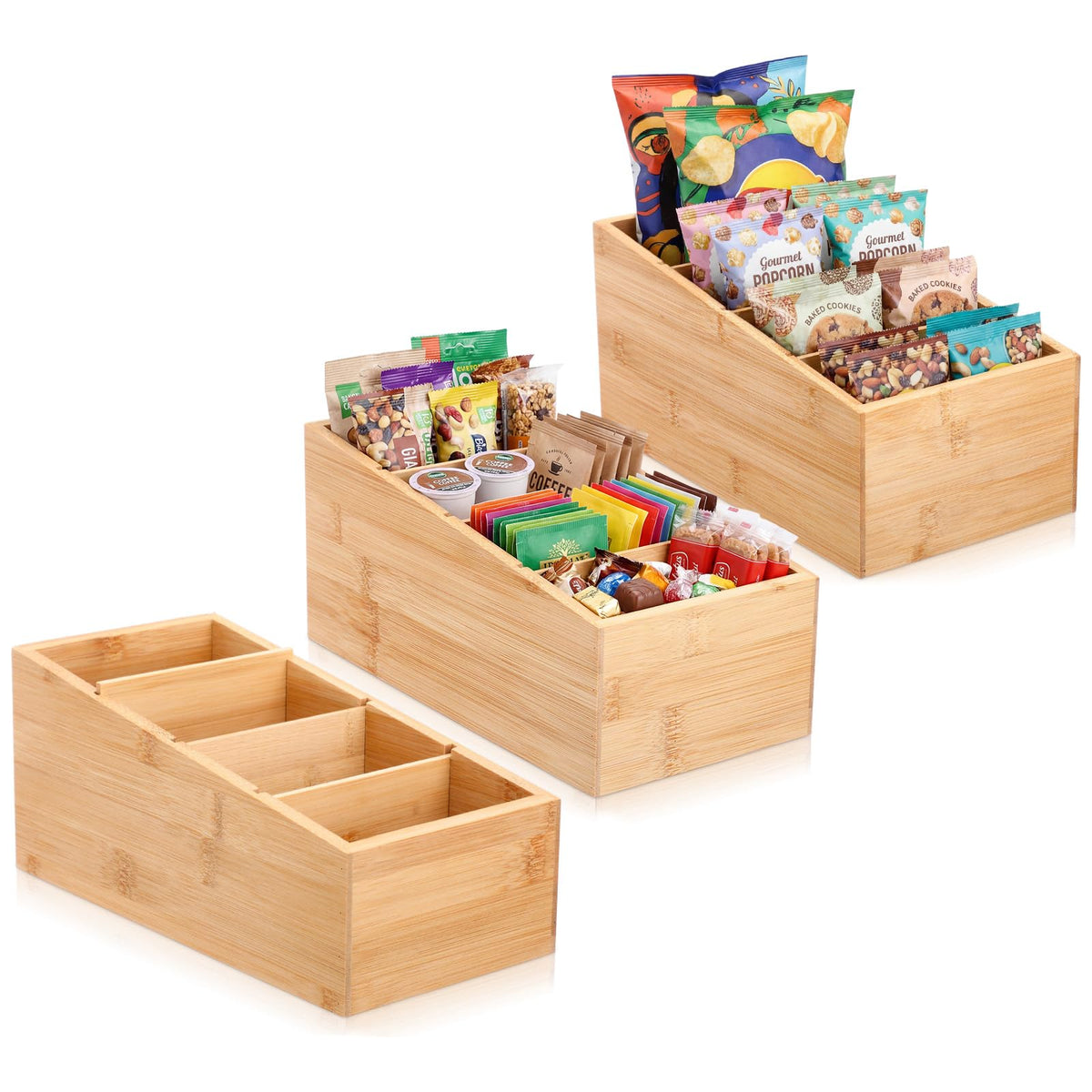 3 Pcs Different Size Bamboo Snack Organizer with Removable Dividers Wooden Storage Bins 4 Stairstep Compartments Pantry Cabinet Farmhouse Kitchen Organizer Bin for Spice Packets Coffee Pods (3 Count)