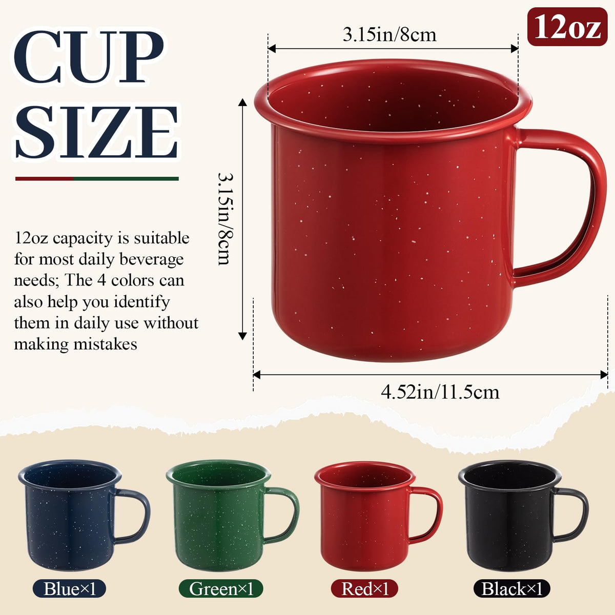 4 Pcs 12 oz Enamel Mugs Outdoor Camping Coffee Cups for Hot Cold Beverages Durable for Home (4 Count)