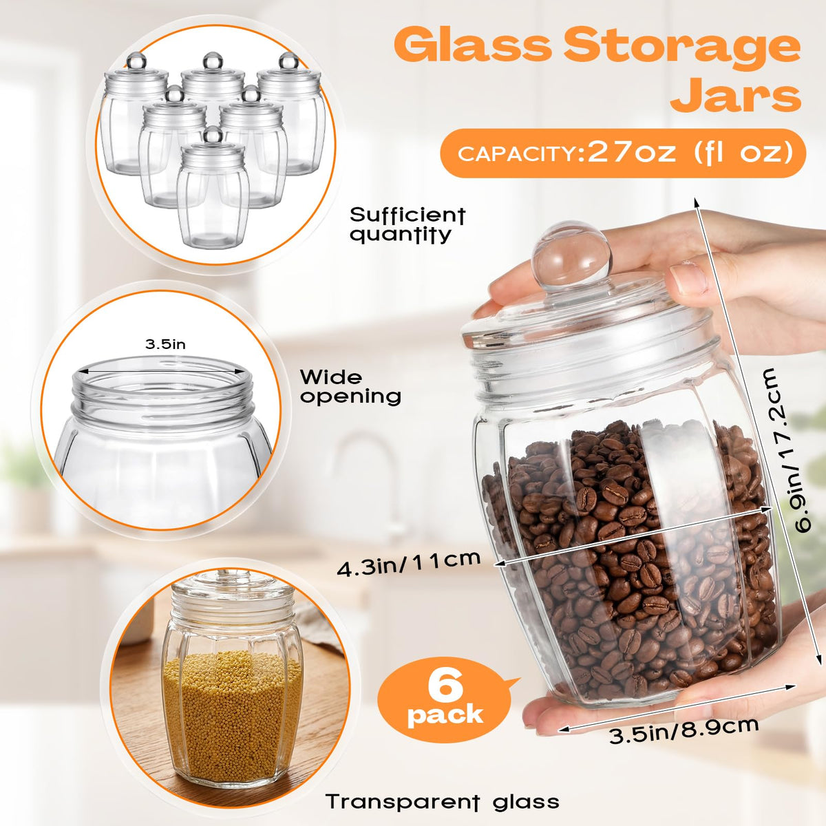 6 Set 27 oz Clear Glass Jars with Airtight Lids (6 Count)