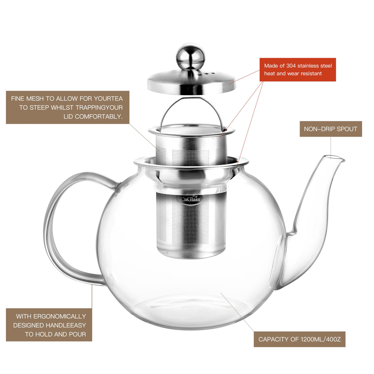 40oz Glass Teapot with Removable Infuser