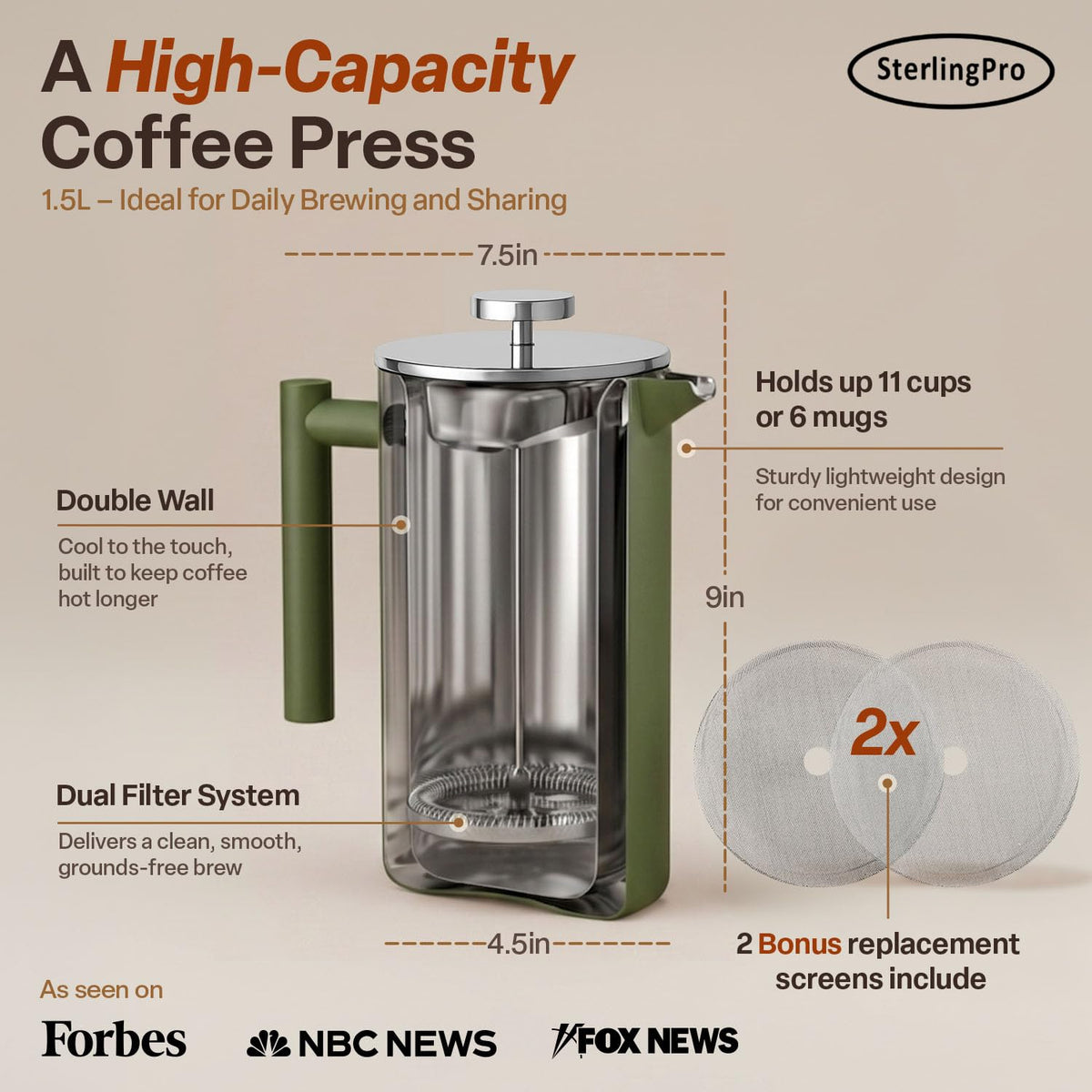 Non Toxic Large Insulated Stainless Steel French Press Coffee Maker 51oz Capacity