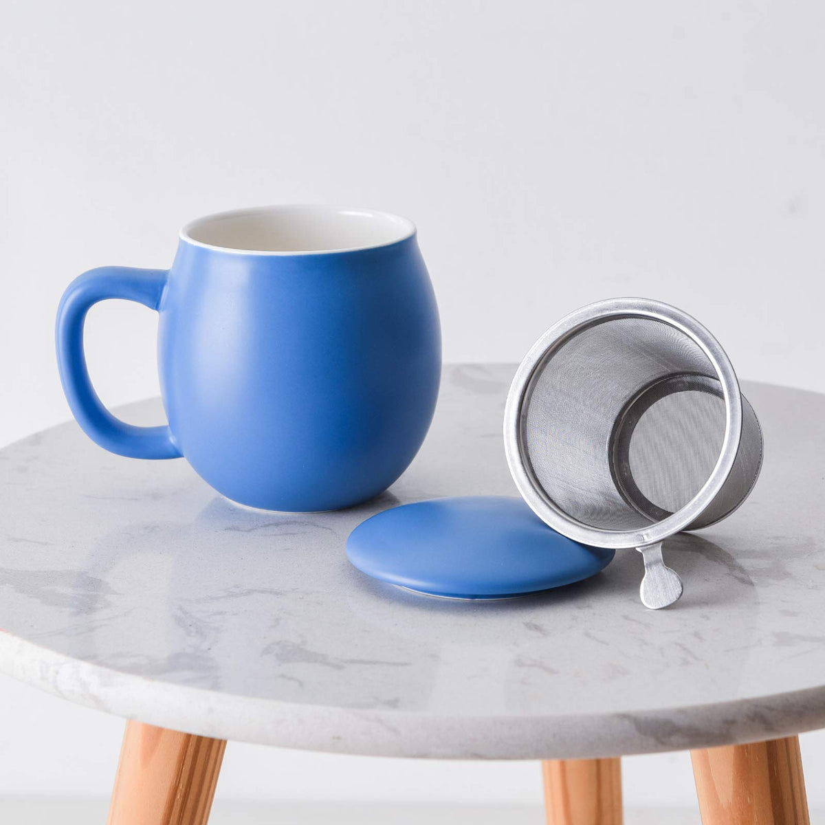 12 OZ Matte Blue Ceramics Teacup with Infuser and Lid