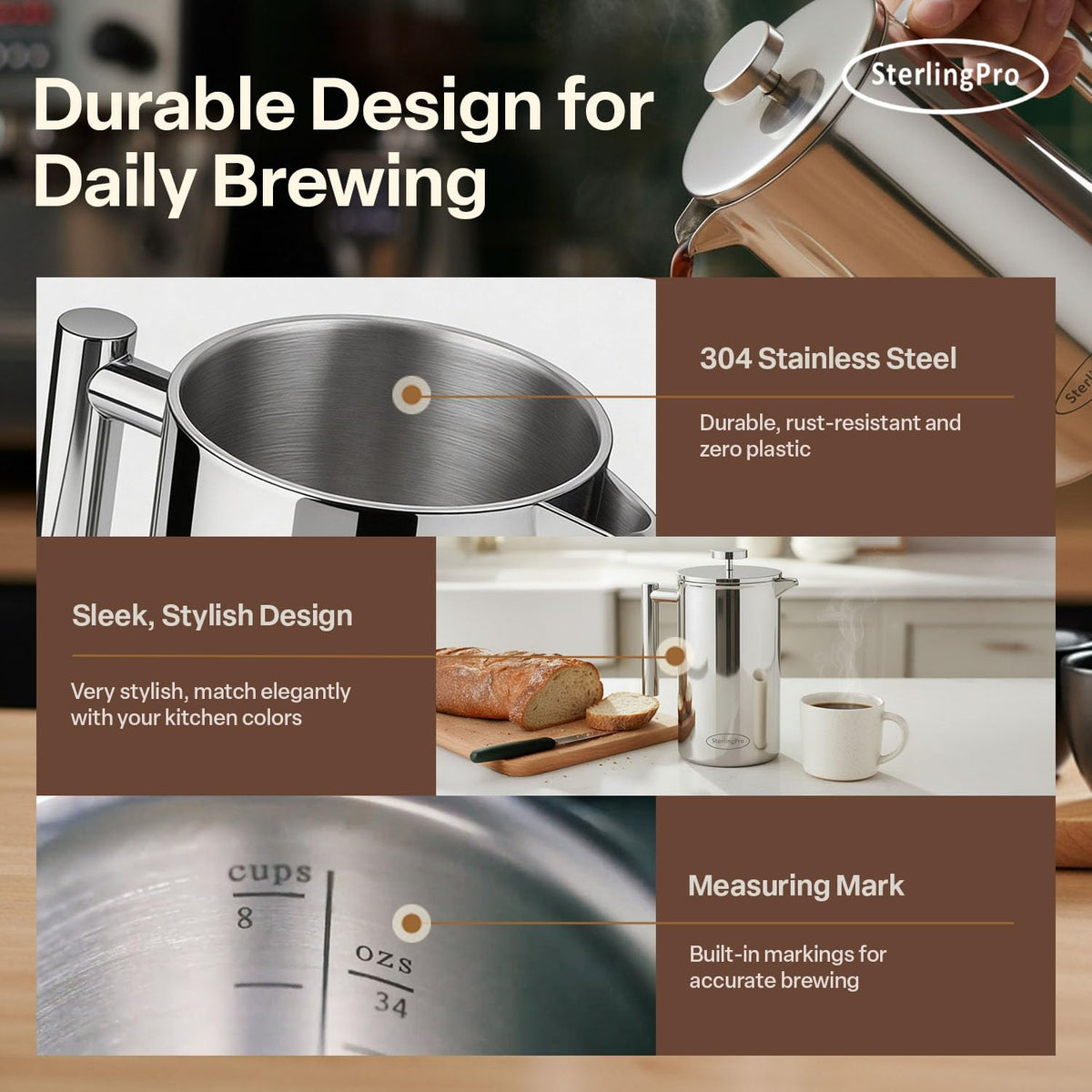 Non Toxic Insulated Stainless Steel French Press Coffee Maker 34oz