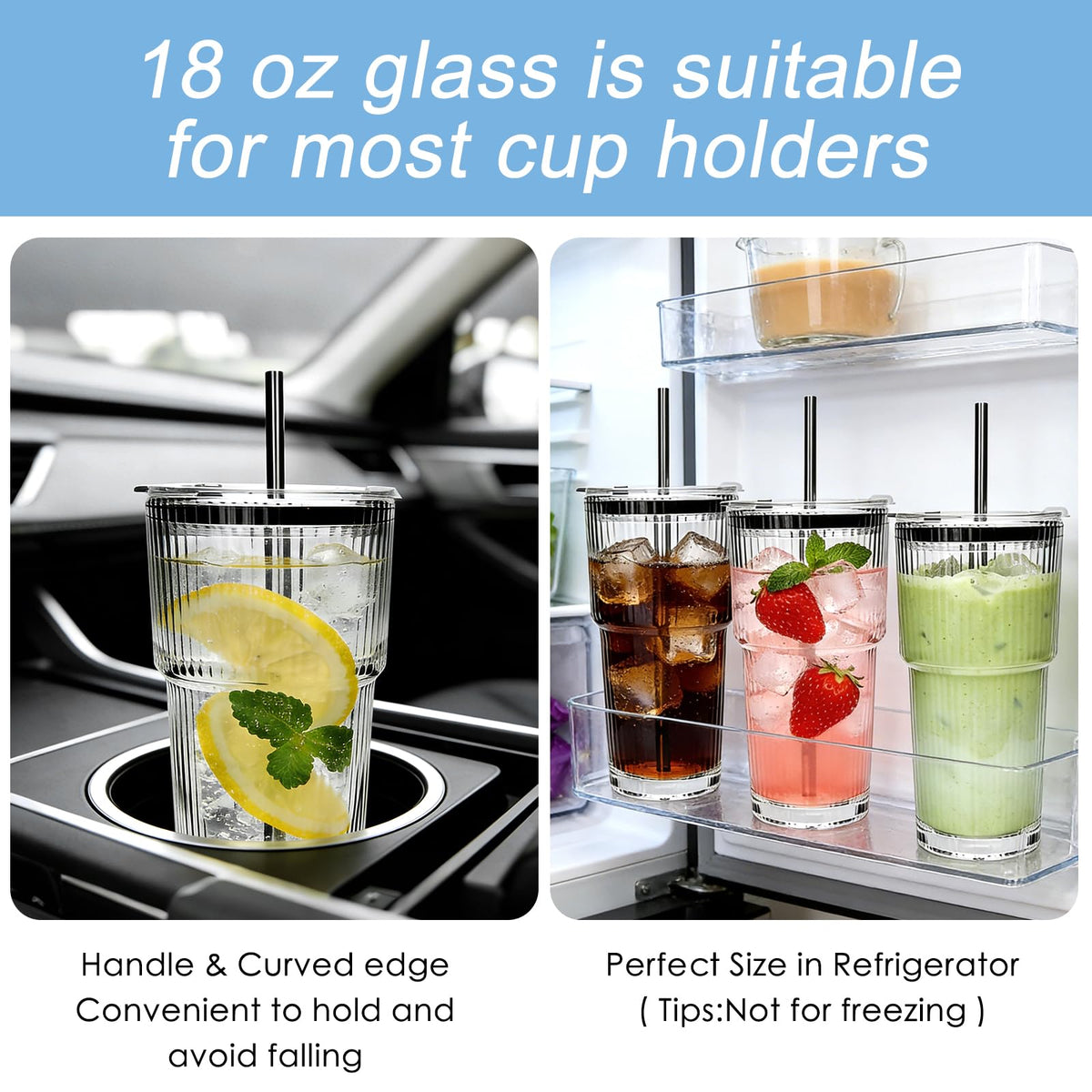 18oz Ribbed Glass Tumbler with Straw and Lid (6 Count)
