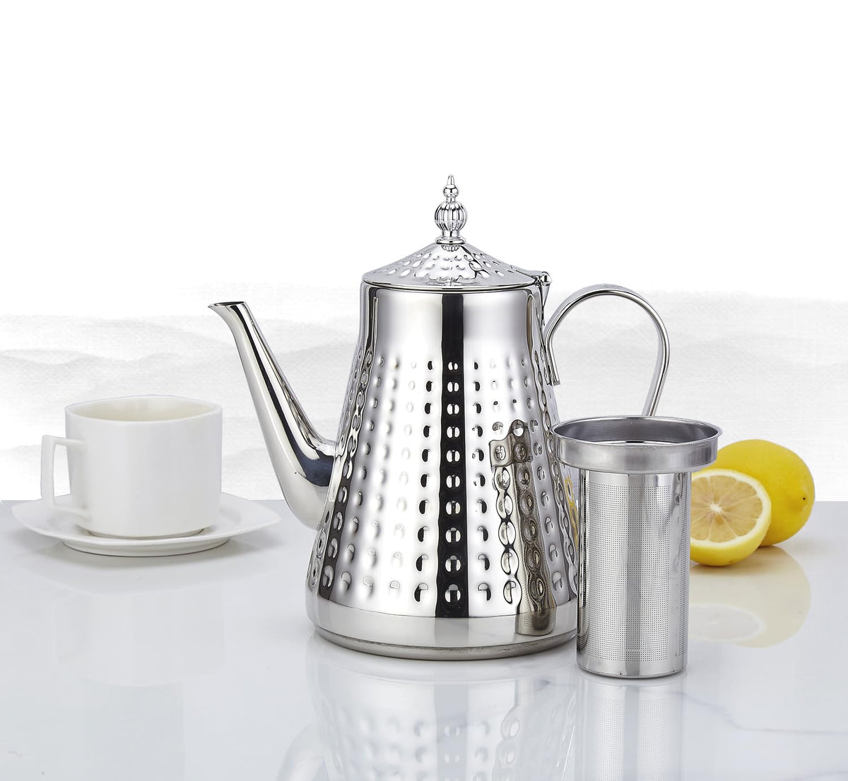 1.8L(60oz) Stainless Steel Hammer Patterned Teapot With Removeable Infuser,Loose leaf cover,Silver