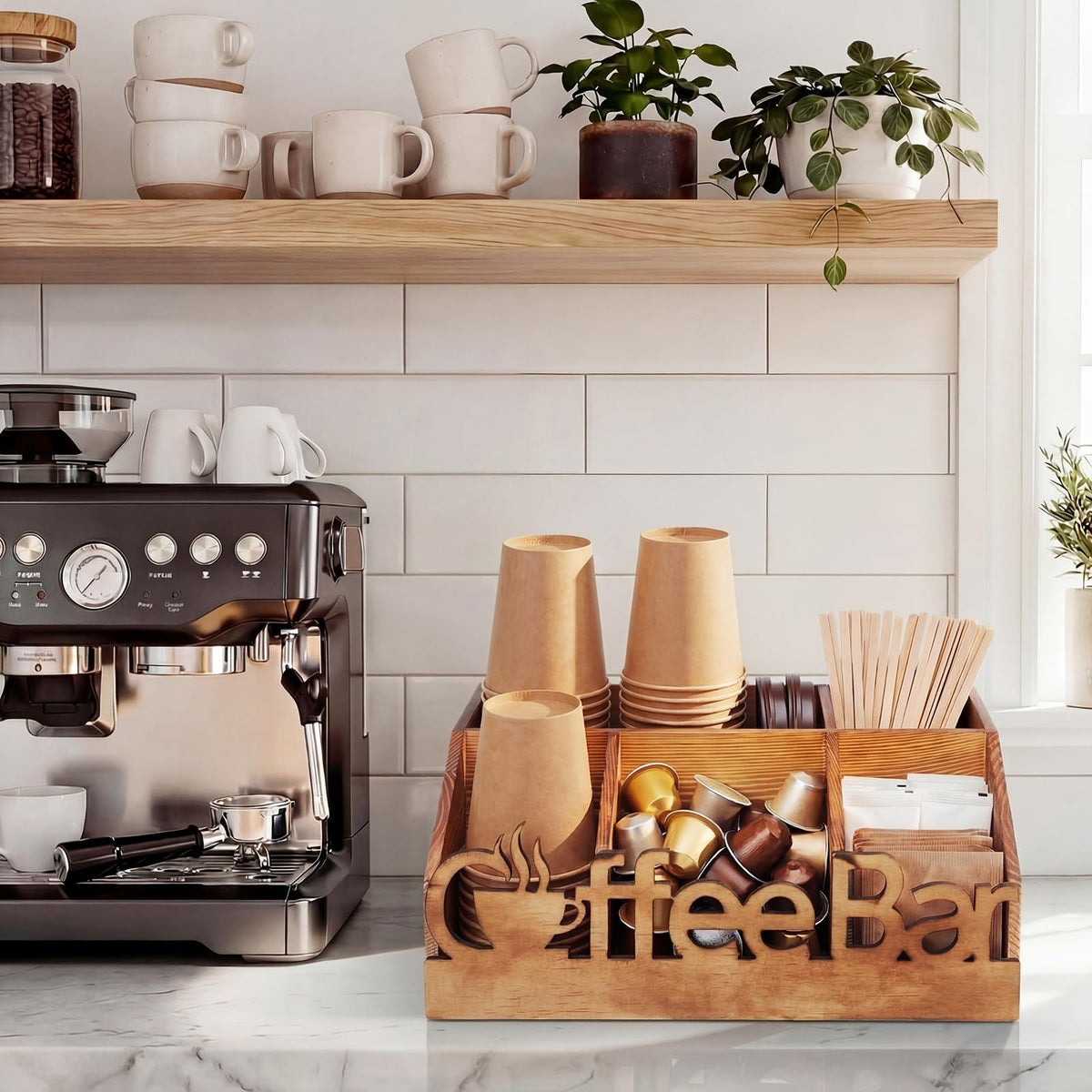Coffee Station Organizer for Counter Wood Countertop Accessories Organizer Coffee Pods Holder Storage Basket for Pods Condiment Syrup Tea Cups Stirrers for Rustic Bar Decoration