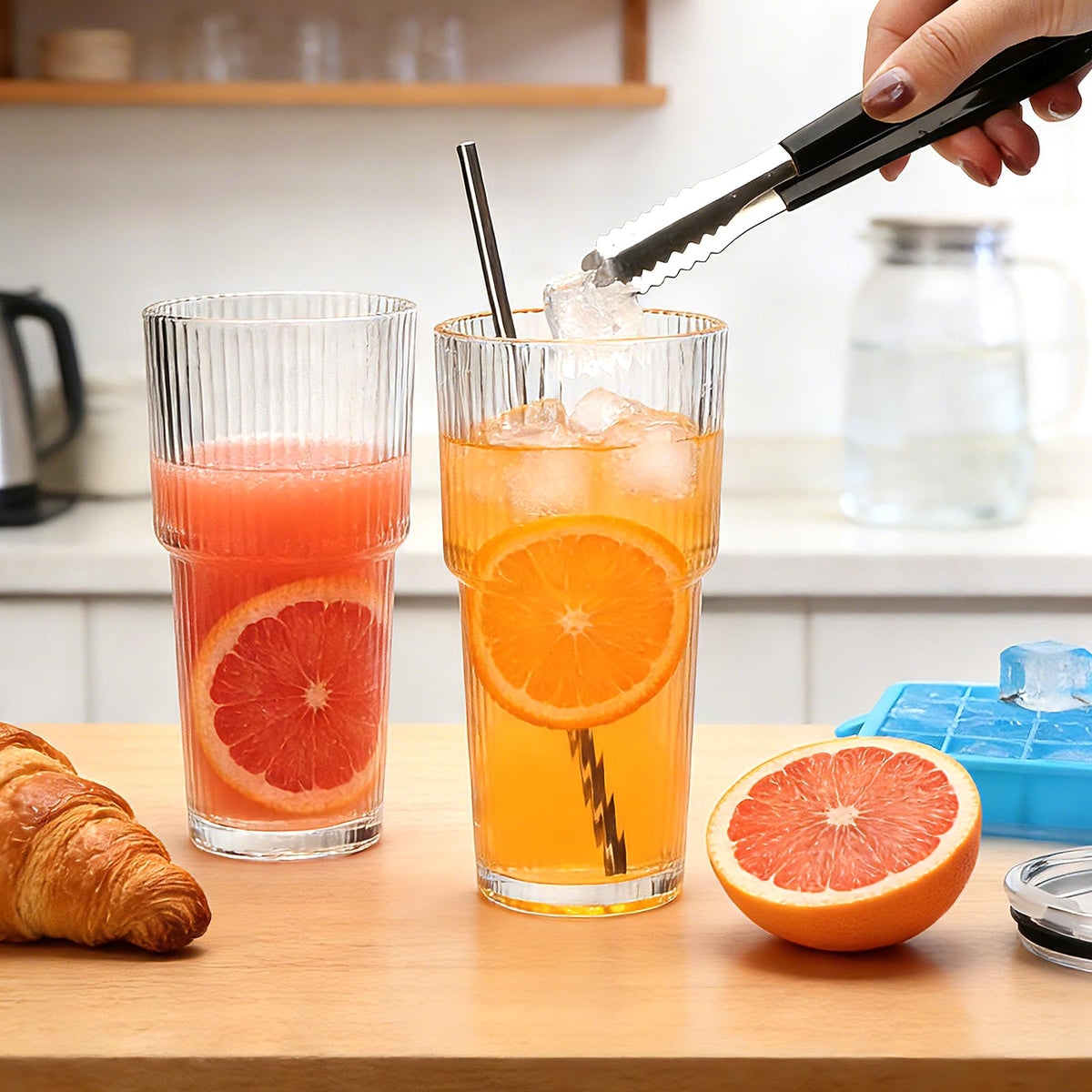 18oz Ribbed Glass Tumbler with Straw and Lid (6 Count)