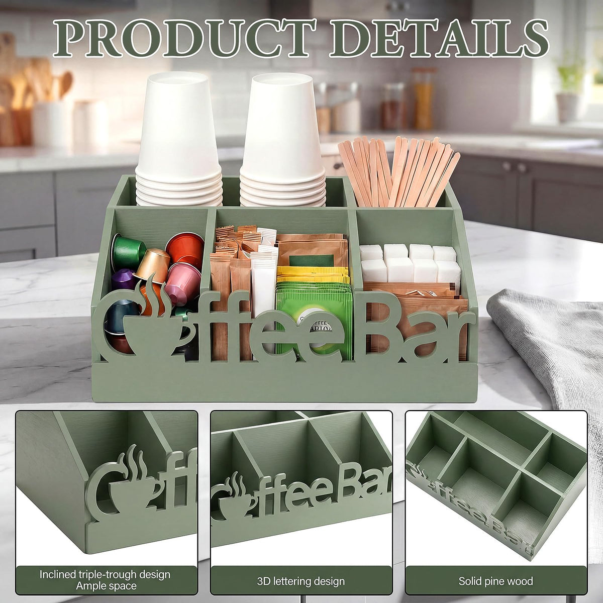 Coffee Station Organizer for Counter Wood Countertop Accessories Organizer Coffee Pods Holder Storage Basket for Pods Condiment Syrup Tea Cups Stirrers for Rustic Bar Decoration