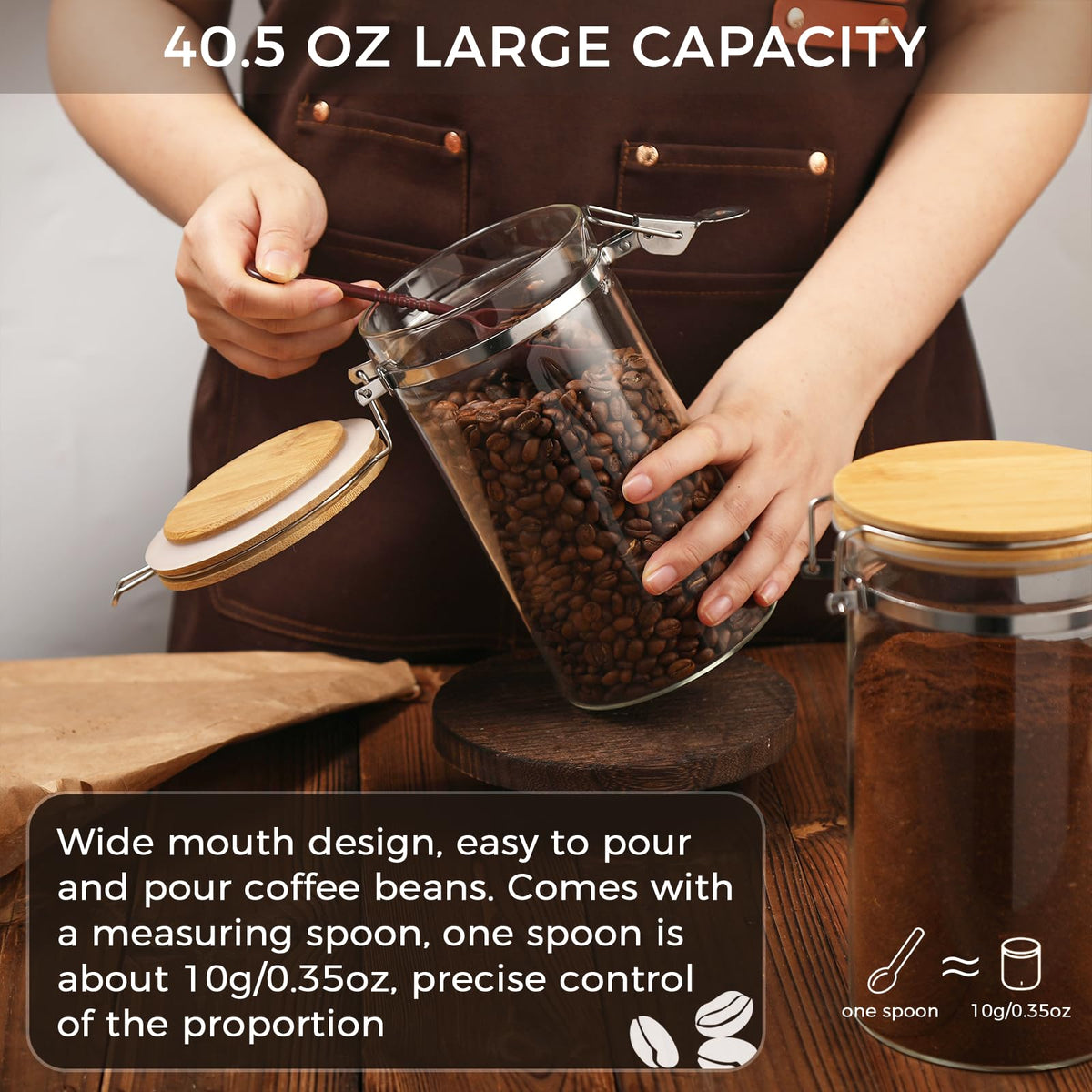 2 Pack 40.5oz Coffee Bean Storage Container with Airtight Bamboo Lids Glass Airtight Coffee Canister with Scoop Storage Container for Grounds Tea Cereal Sugar (2 Count)