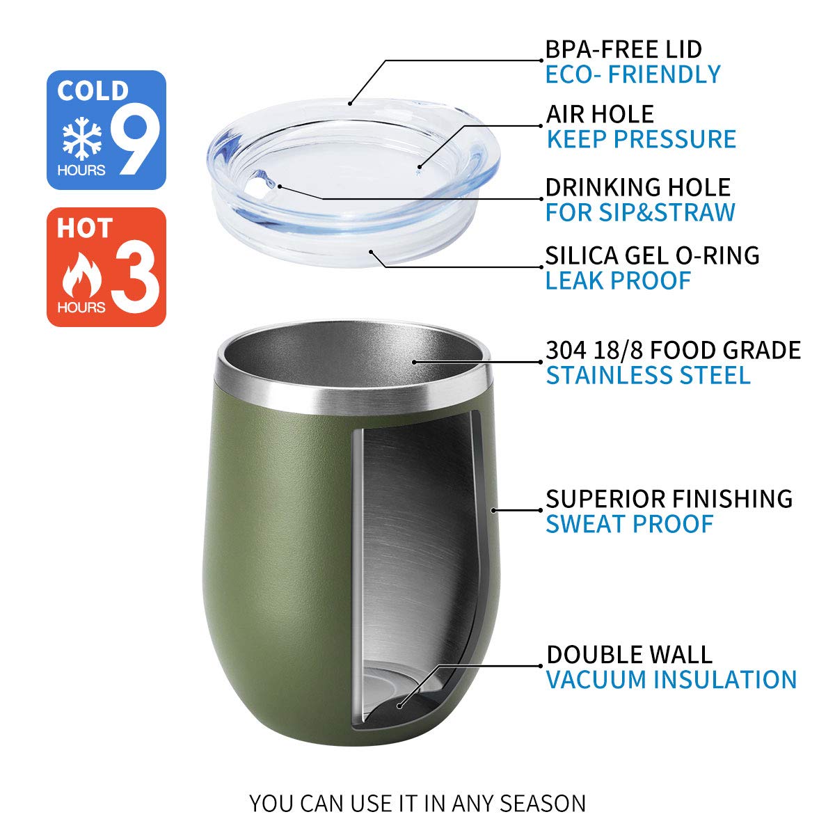 12oz Wine Tumbler with Lid Stemless Wine Glasses Double Wall Vacuum Travel Mugs stainless steel Coffee Cup for Cold & Hot Drinks Wine Coffee Cocktails Beer 1 Pack Army Green