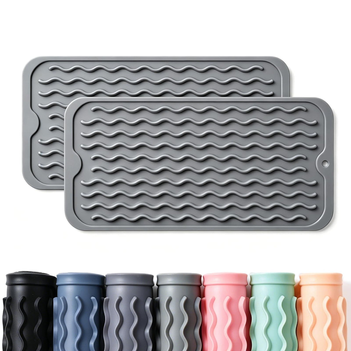 2 Pack Caketime Silicone Dish Drying Mat for Kitchen Counter Waterproof Under Sink Near Faucet with Bathroom Countertop Organizer Soap Holder New Home Essentials 12"x6" Gray