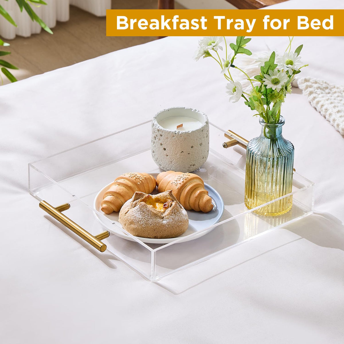 12"x12" Clear Acrylic Serving Tray with Golden Handles