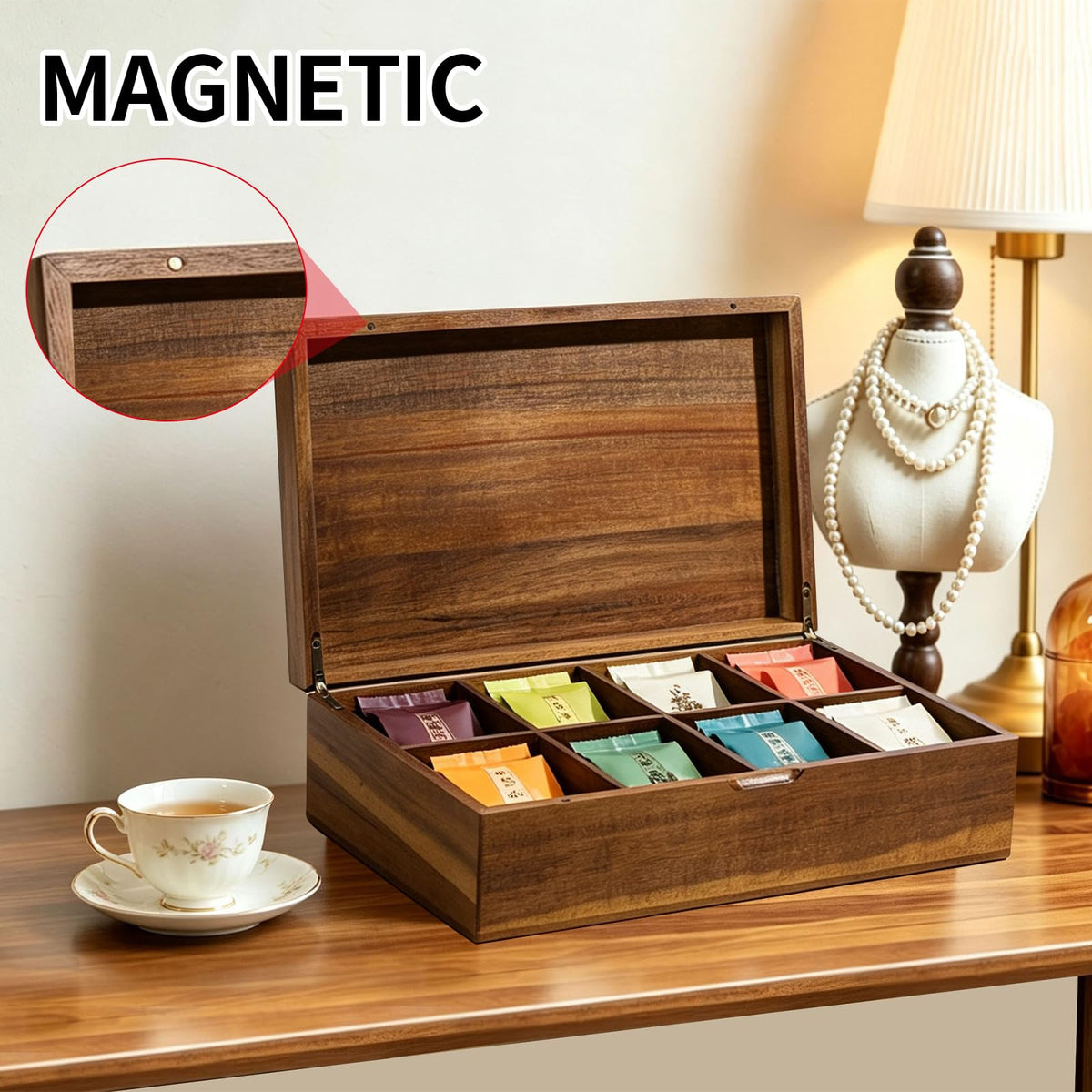 Acacia Wooden Tea Bag Organizer with Magnetic Lid