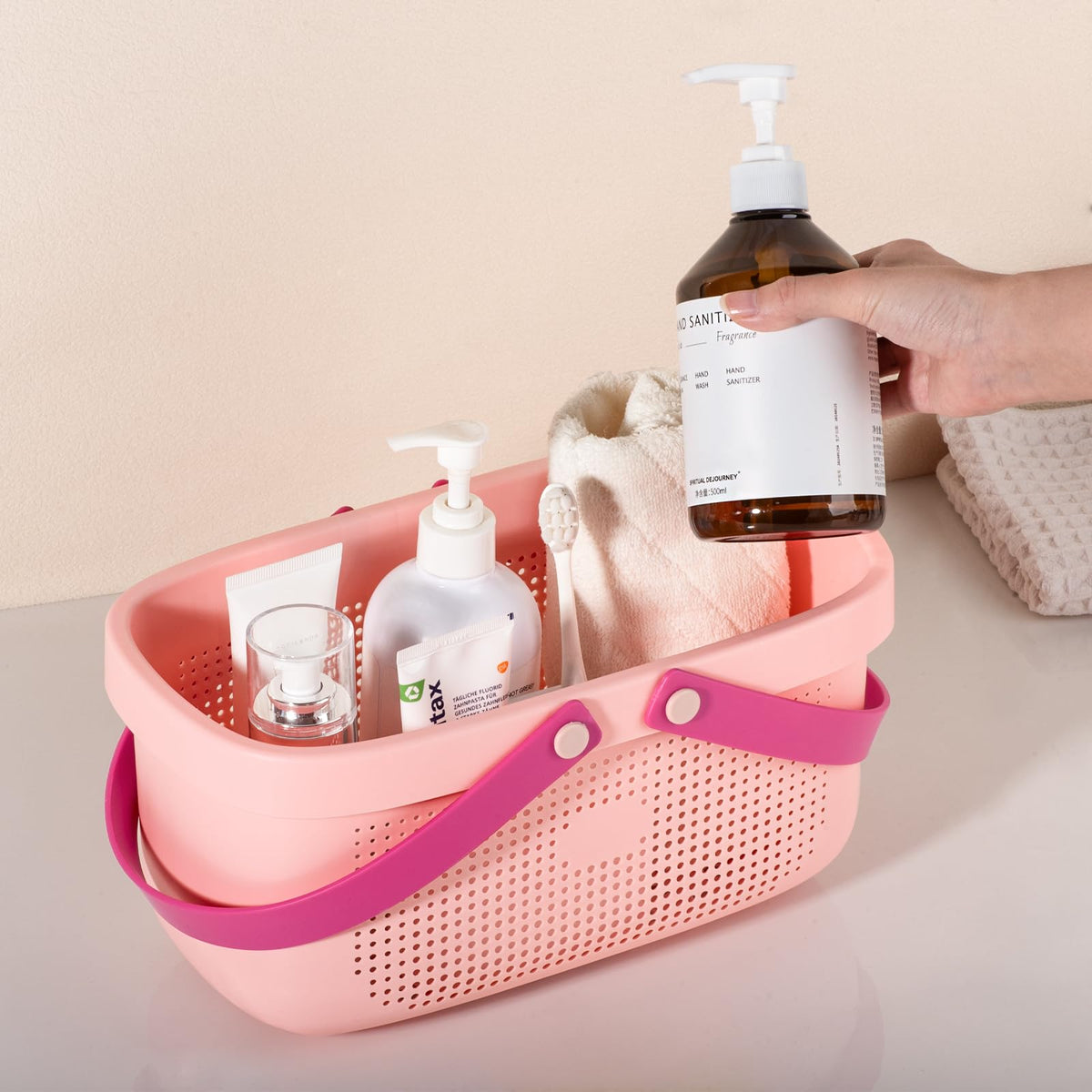 Portable Shower Caddy Basket with Handles Plastic Storage Basket Light Pink