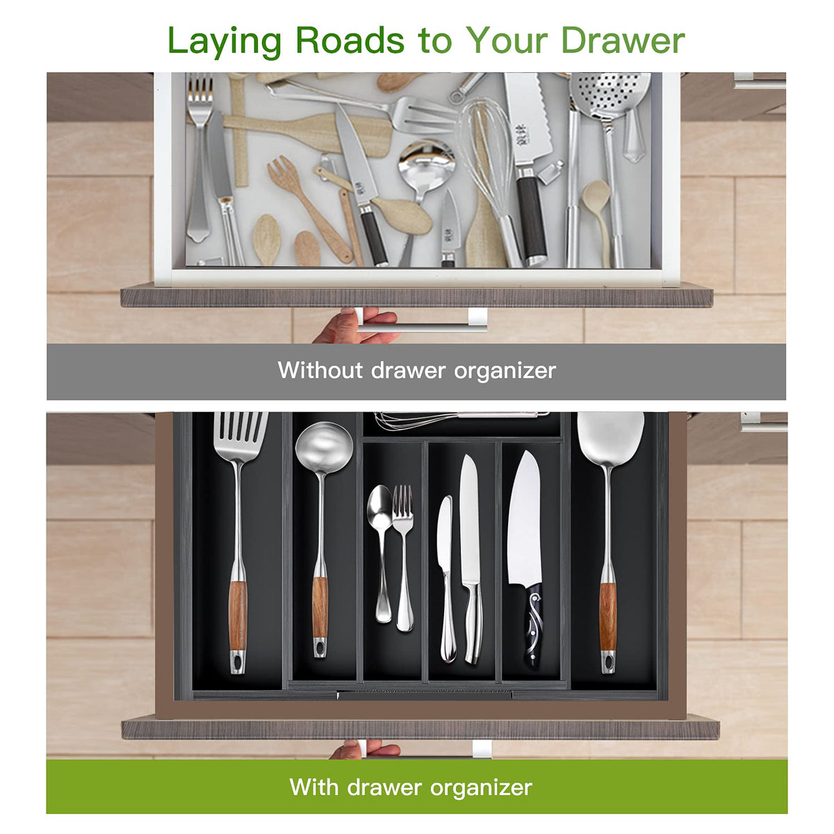 Bamboo Expandable Drawer Organizer for Utensils Holder