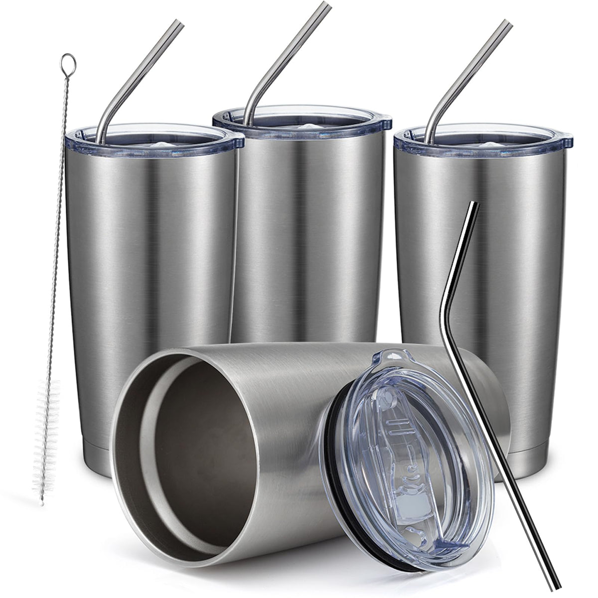 20oz Stainless Steel Tumbler Bulk Double Wall Vacuum Coffee Cup Insulated Travel Mug with Lid and Straw Durable Powder Coated Insulated Coffee Cup for Cold & Hot Drinks (4 Count)