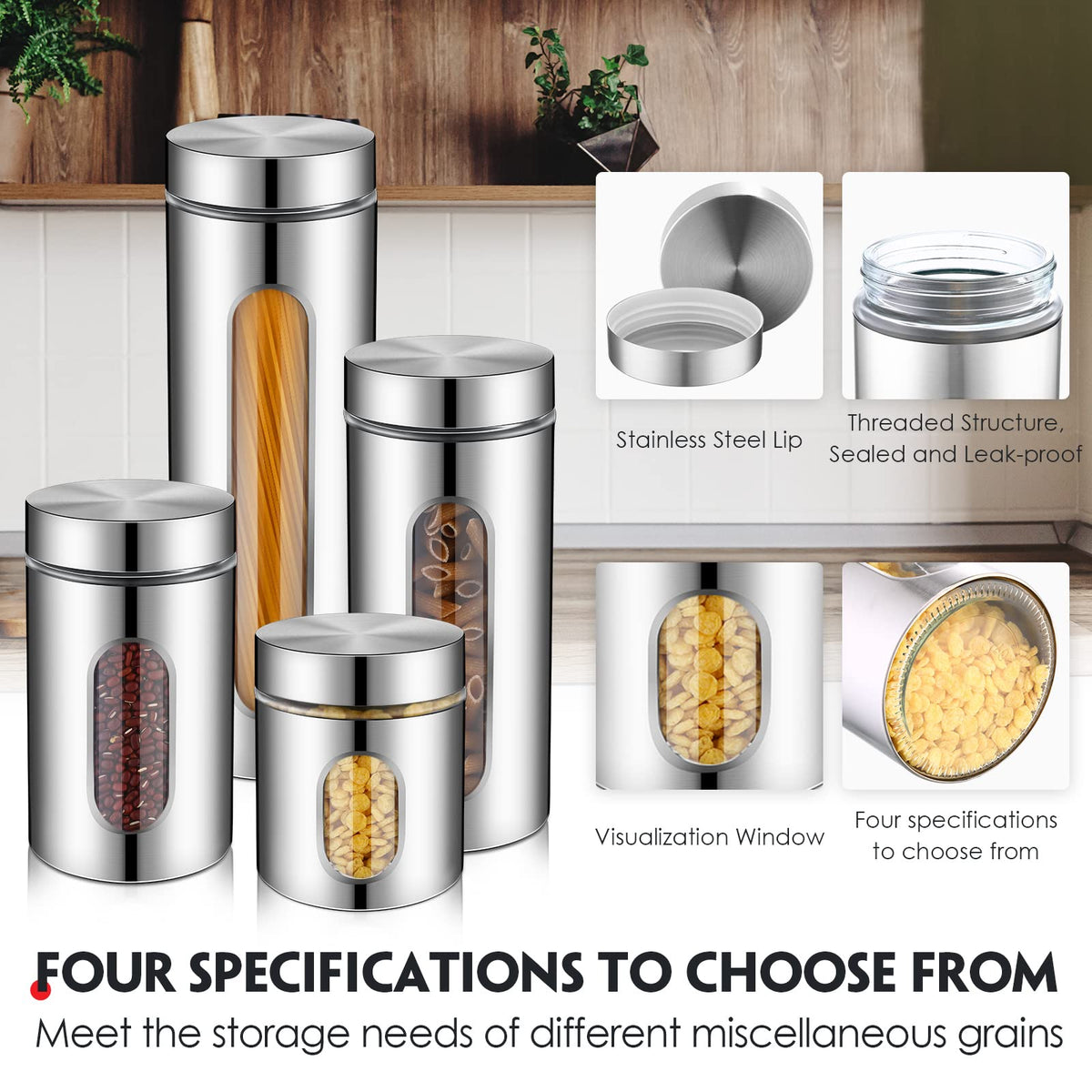 8 Pcs Kitchen Canister Set Stainless Steel Nested Canister Storage Set with Glass Window Airtight Lid Coffee Sugar Tea Storage Jars for Flour Pasta Cookies Spices Grains